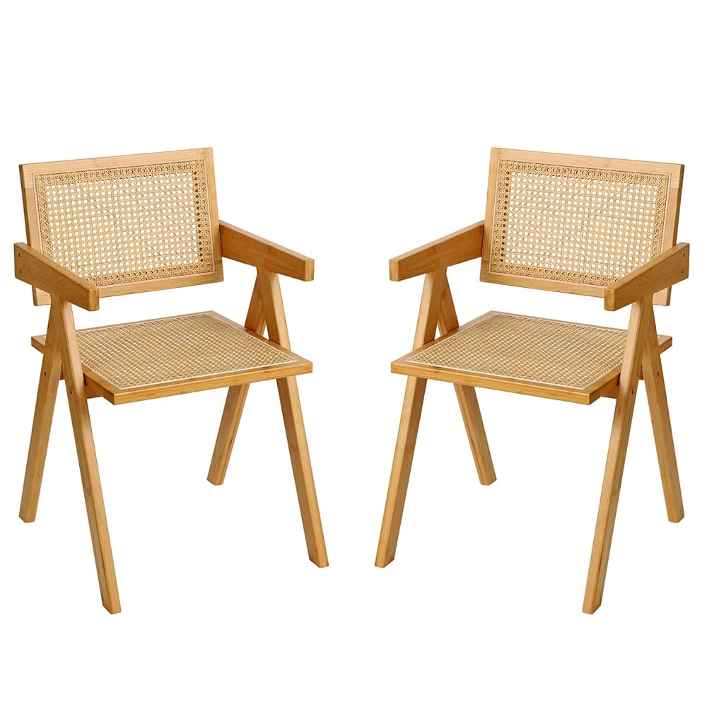 Set of 2 Modern Rattan Dining Chairs with Armrests