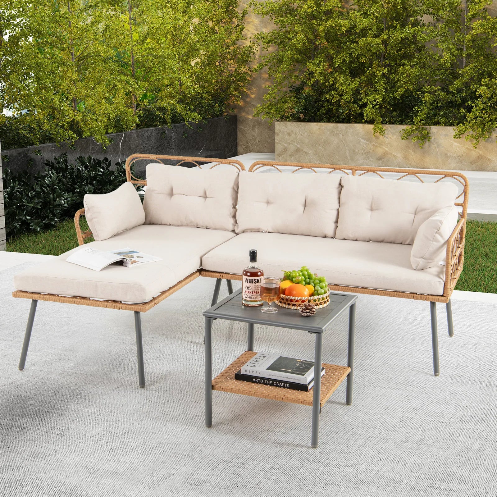 3-Piece Corner Patio Sofa Set with Cushions & Coffee Table