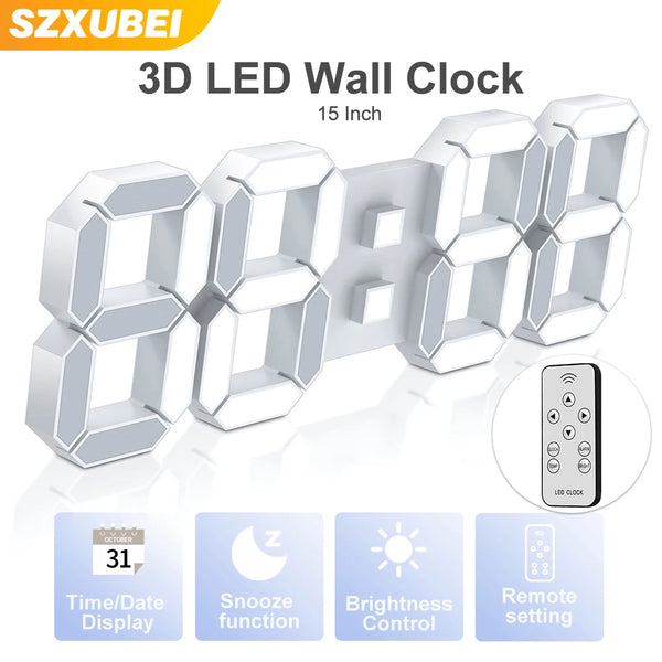 3D LED Digital Wall Clock with Remote & Alarm