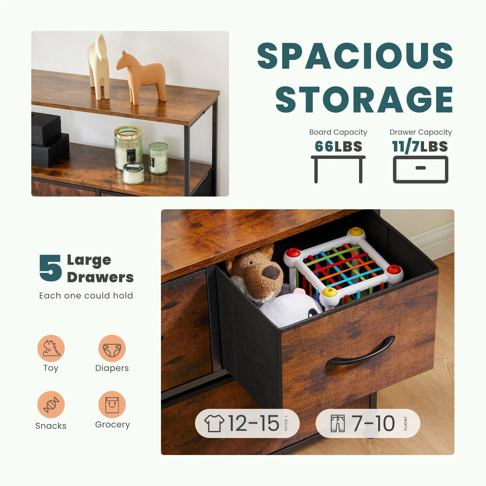 JHK Fireplace TV Stand with 5 Fabric Drawer Storage