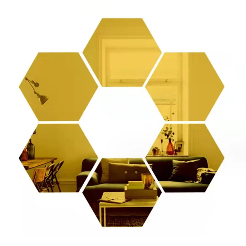 3D Hexagon Mirror Wall Stickers – Rose Gold DIY Set