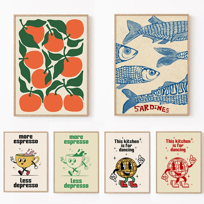 Retro Kitchen Coffee Poster – Cartoon Wall Canvas Art