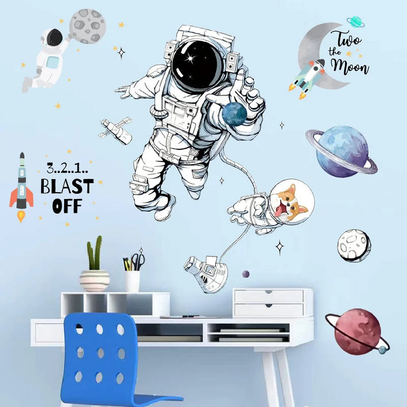 3D Astronaut Wall Sticker – Cartoon Planetary Mural for Kids Room