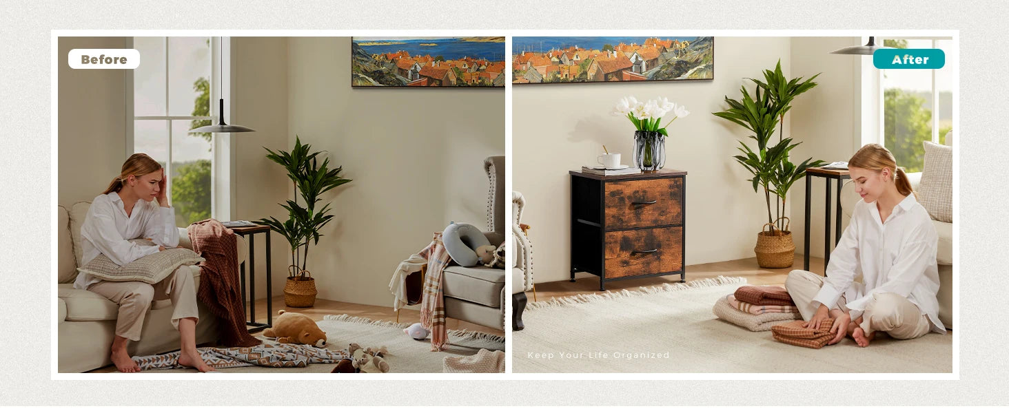 JHK Nightstand with 2 Fabric Drawer Storage Cabinet