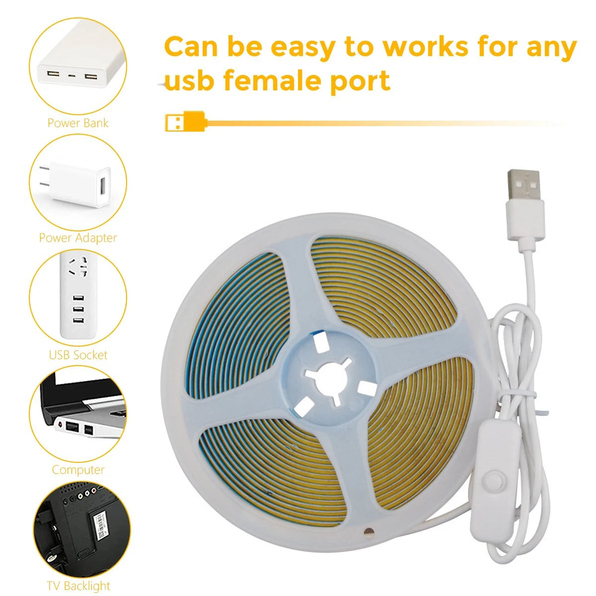 USB COB LED Strip Light – 5V, 320 LEDs/M, Flexible Tape