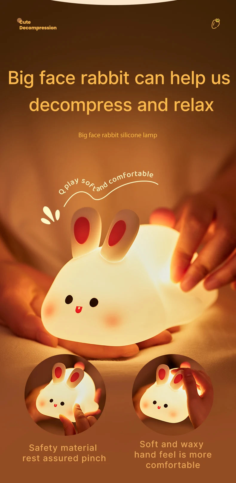 Cute Rabbit Night Light – Soft Silicone, Touch Control