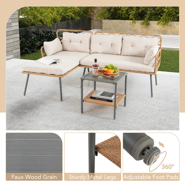 3-Piece Corner Patio Sofa Set with Cushions & Coffee Table