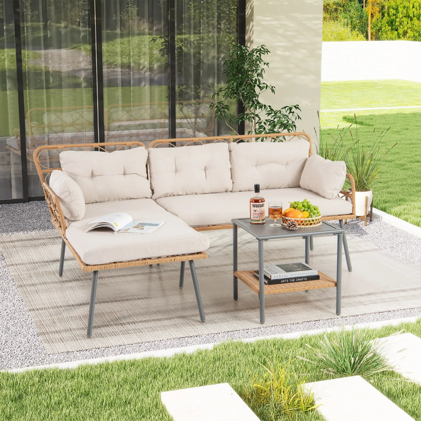 3-Piece Corner Patio Sofa Set with Cushions & Coffee Table