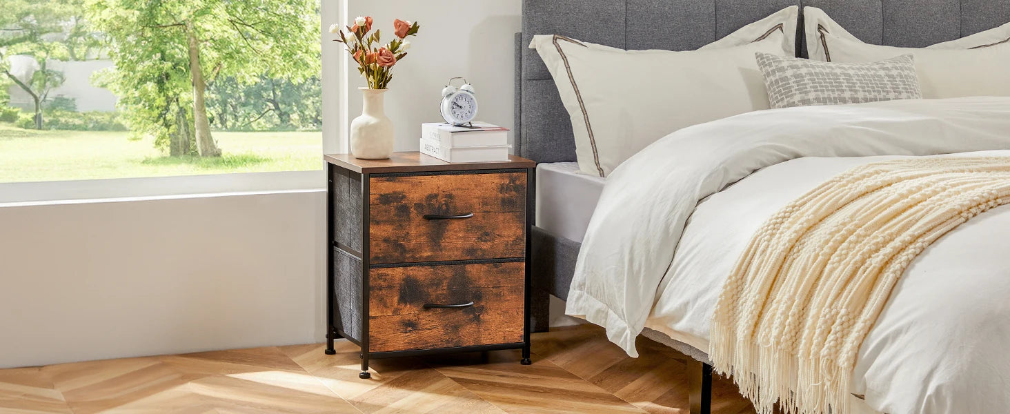 JHK Nightstand with 2 Fabric Drawer Storage Cabinet
