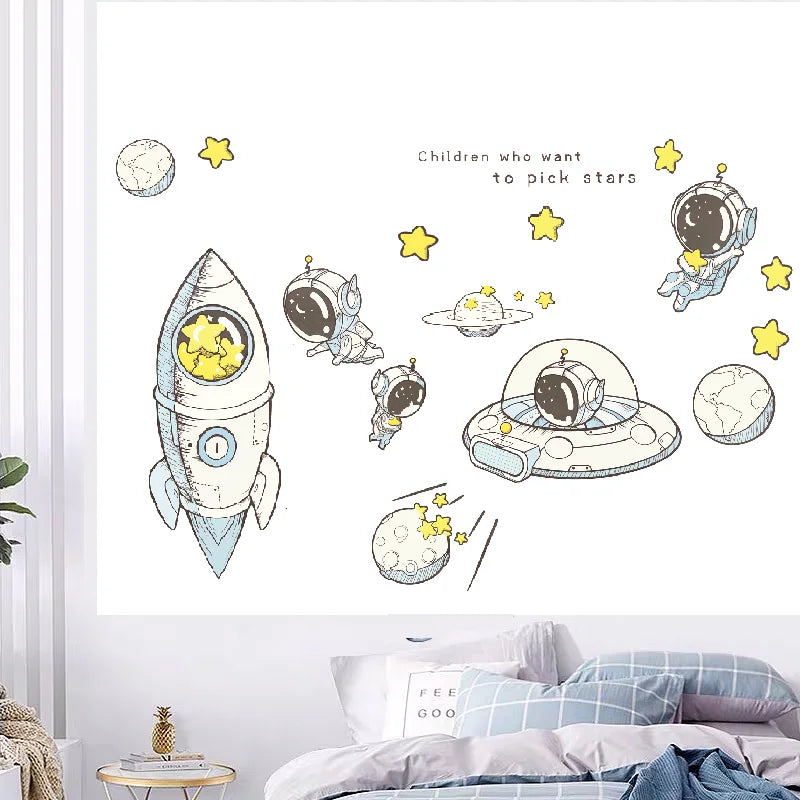 3D Astronaut Wall Sticker – Cartoon Planetary Mural for Kids Room