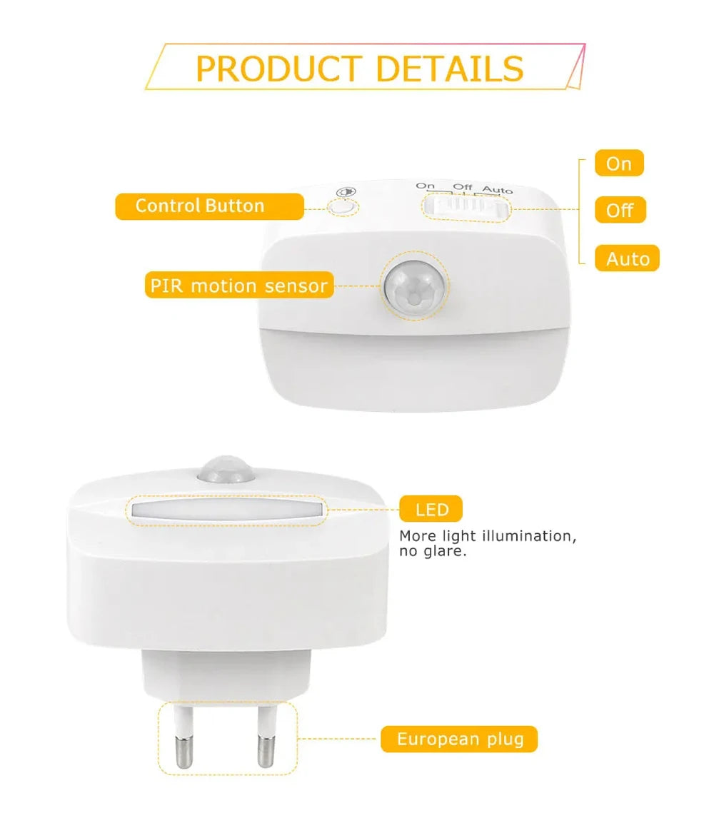 LED Motion Sensor Night Light – EU Plug, 220V Wall Lamp