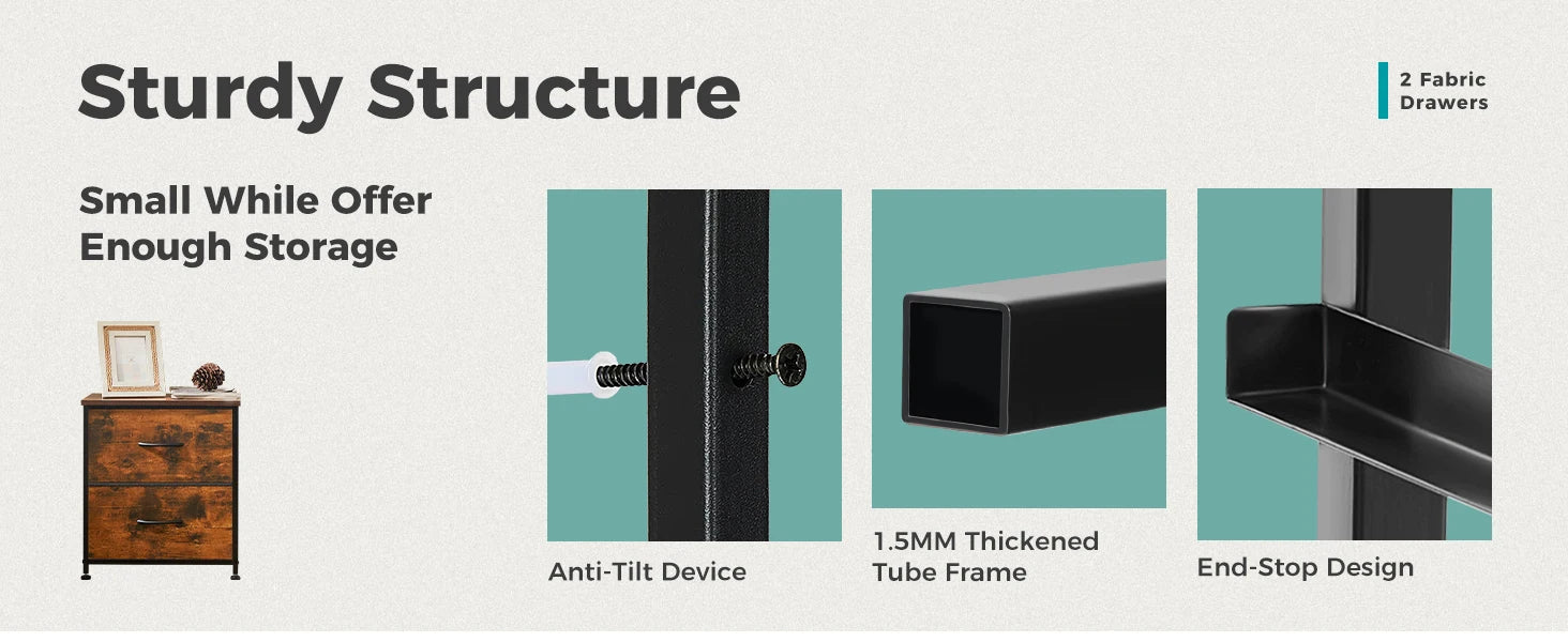 JHK Nightstand with 2 Fabric Drawer Storage Cabinet
