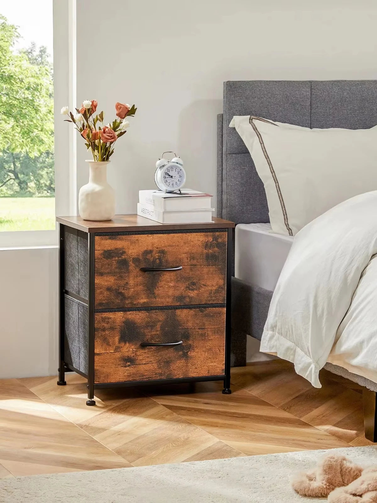 JHK Nightstand with 2 Fabric Drawer Storage Cabinet