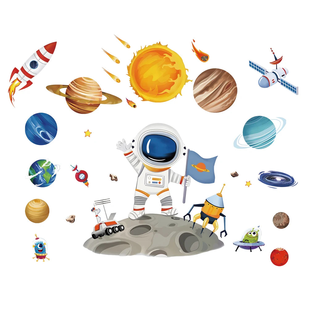 3D Astronaut Wall Sticker – Cartoon Planetary Mural for Kids Room