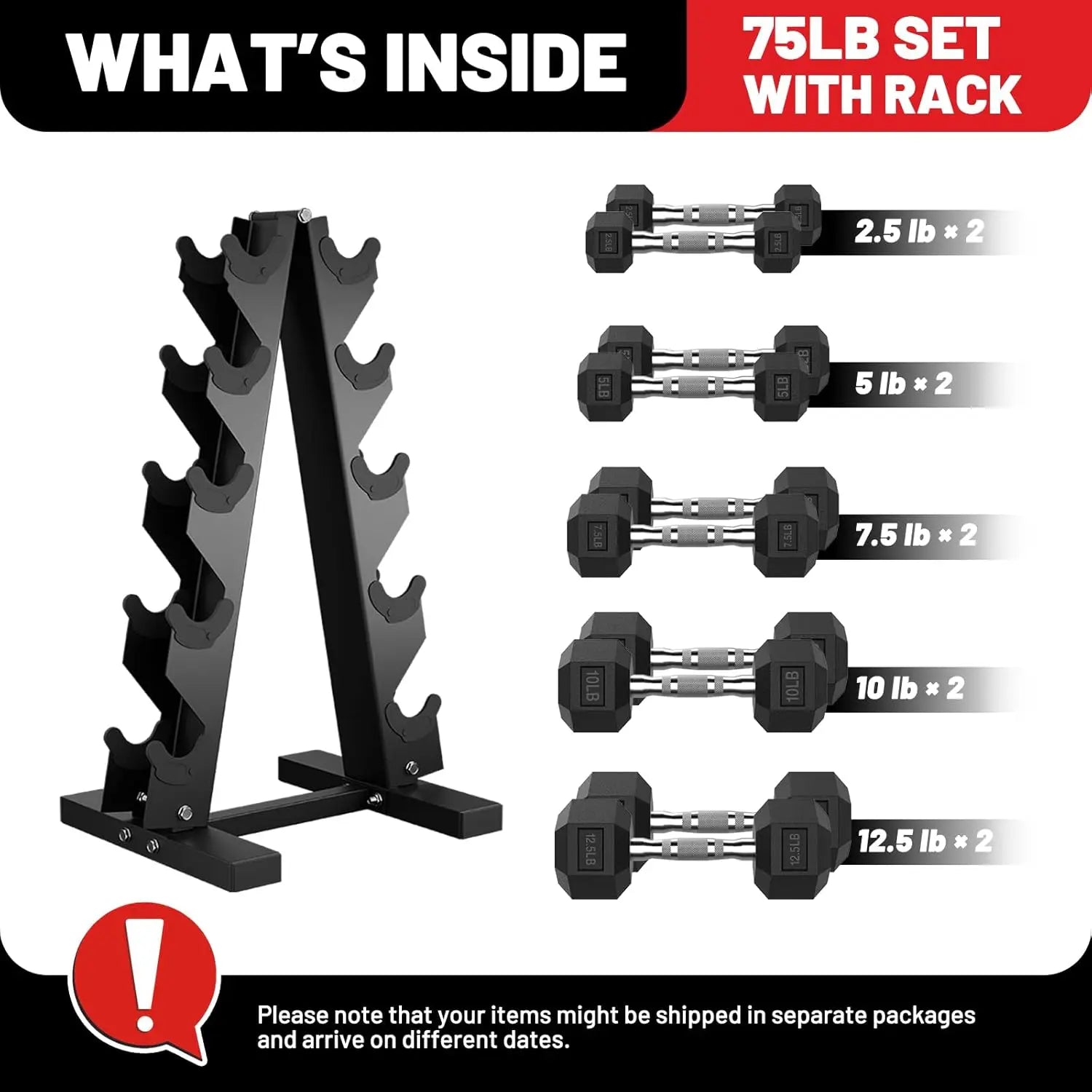 75 lb Hex Dumbbell Set with Rack – Rubber Coated, Non-Slip