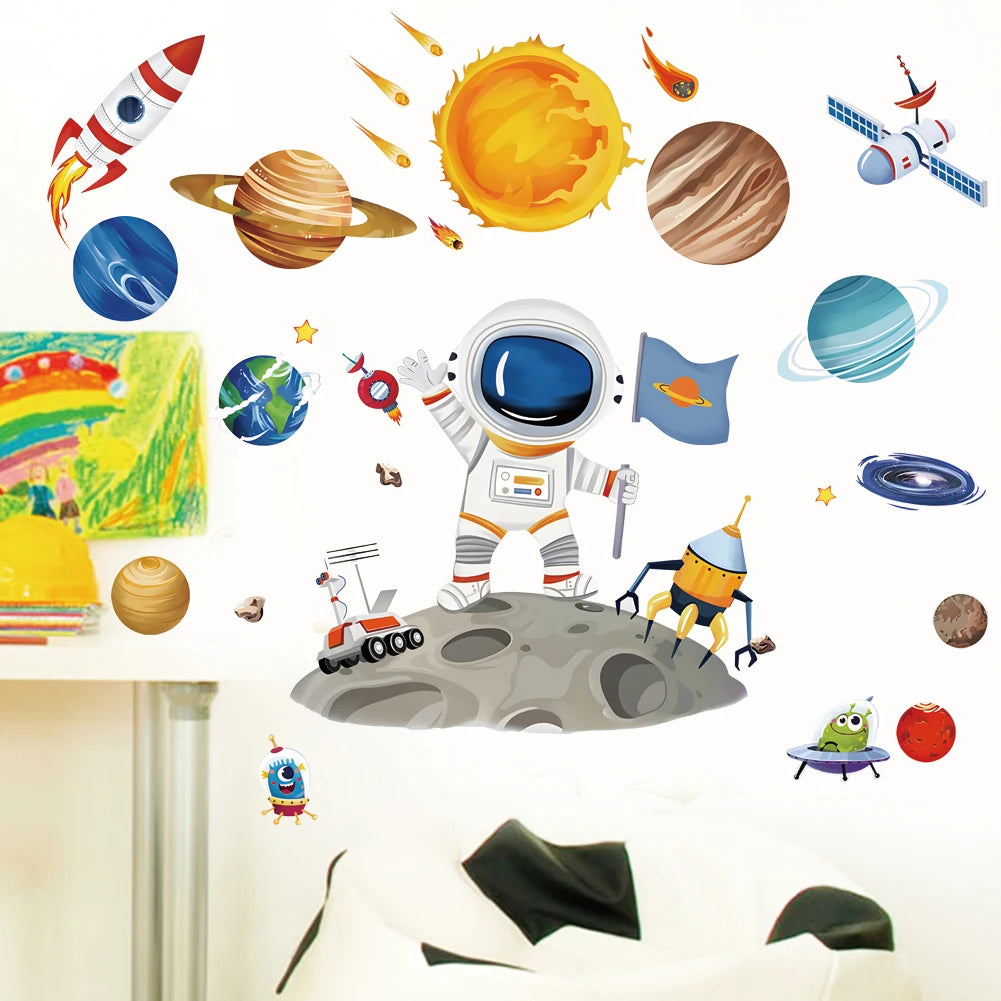3D Astronaut Wall Sticker – Cartoon Planetary Mural for Kids Room