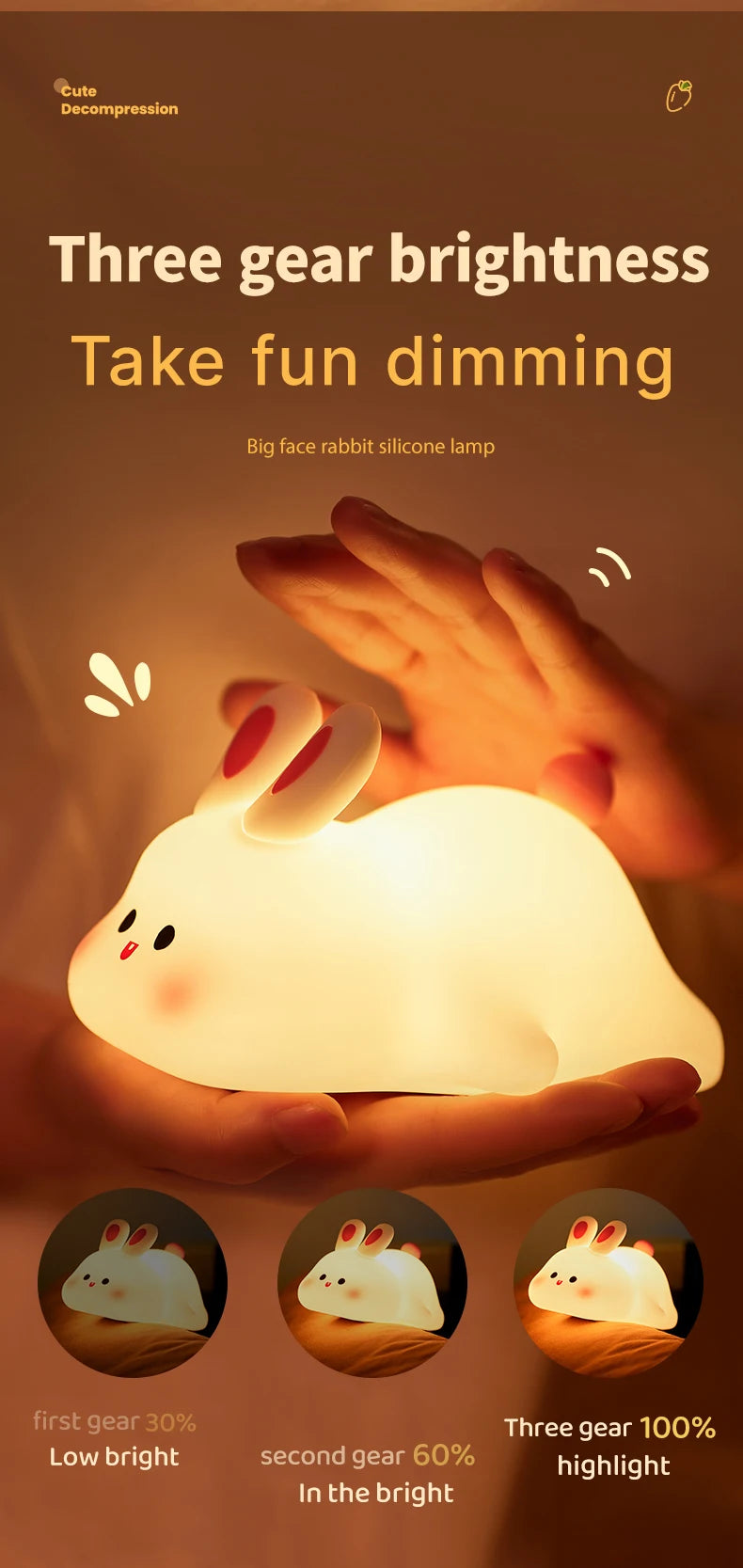Cute Rabbit Night Light – Soft Silicone, Touch Control