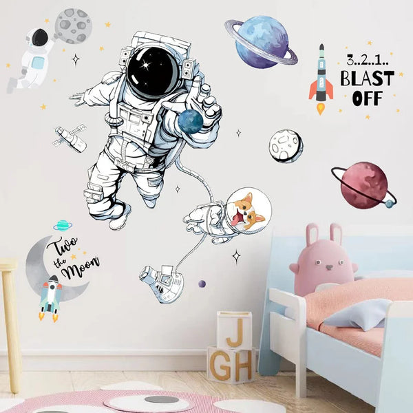 3D Astronaut Wall Sticker – Cartoon Planetary Mural for Kids Room