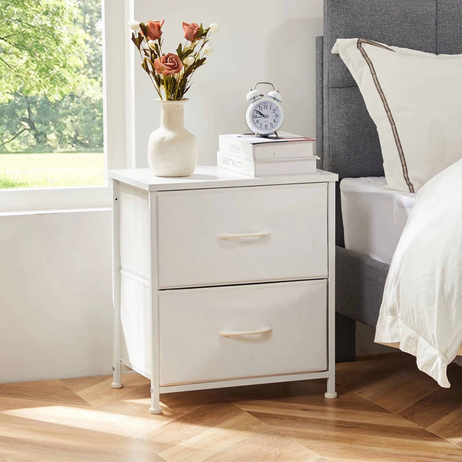 JHK Nightstand with 2 Fabric Drawer Storage Cabinet