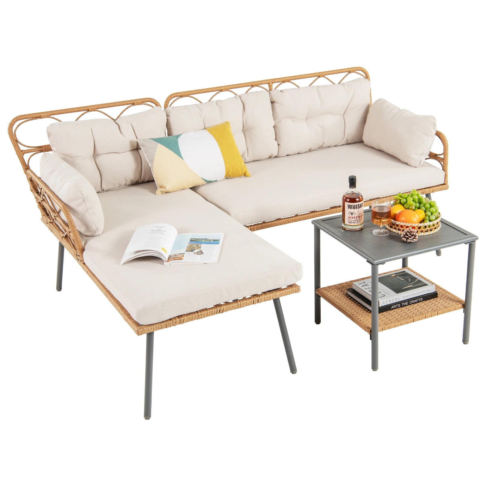 3-Piece Corner Patio Sofa Set with Cushions & Coffee Table