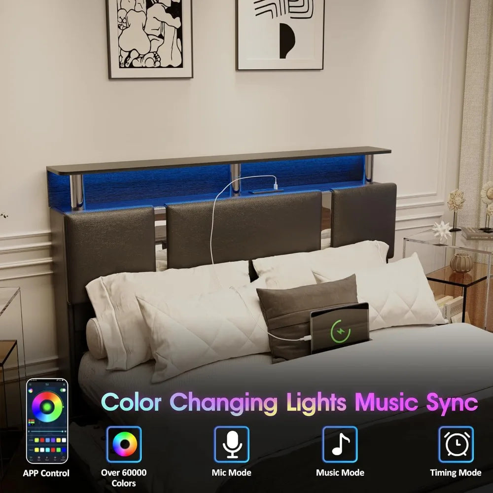Full Platform Bed Frame with Storage, LED Headboard & Charging Ports