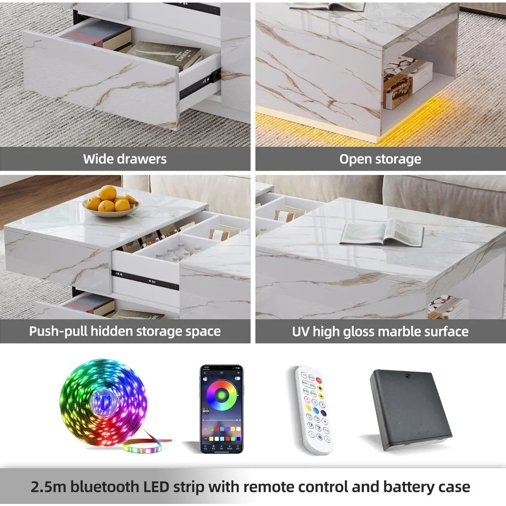 43" Modern LED Coffee Table with Storage Drawers