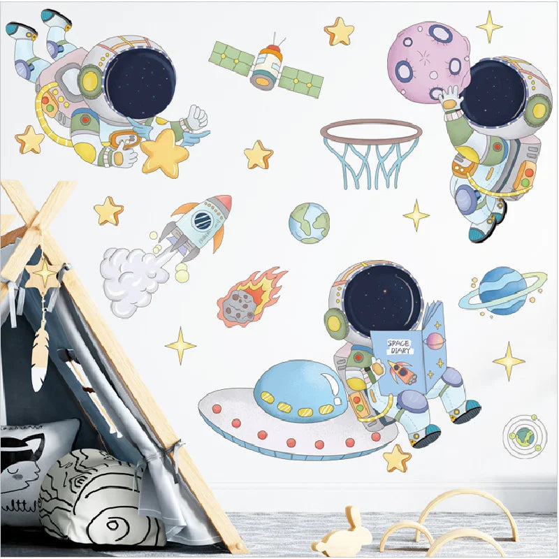 3D Astronaut Wall Sticker – Cartoon Planetary Mural for Kids Room