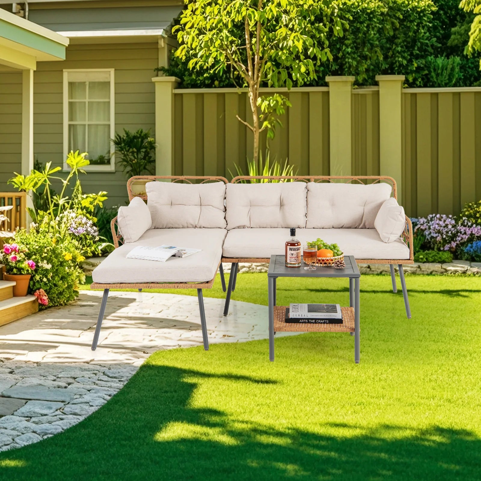 3-Piece Corner Patio Sofa Set with Cushions & Coffee Table