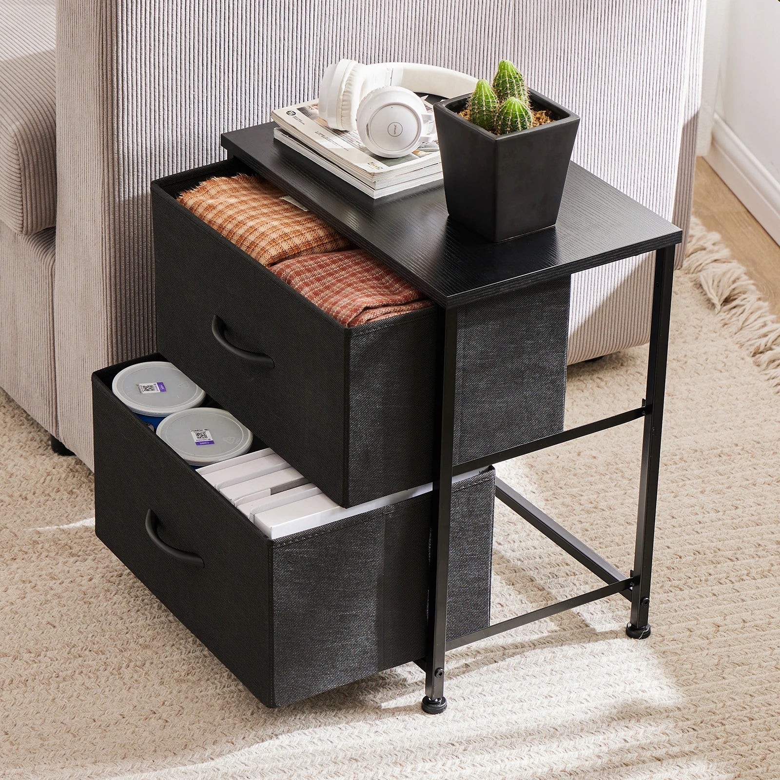 JHK Nightstand with 2 Fabric Drawer Storage Cabinet