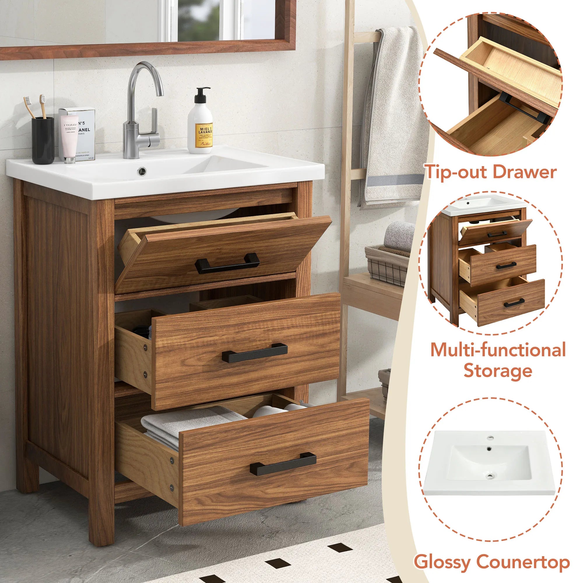 SH.KL 24" Bathroom Vanity with Sink & 3 Drawers
