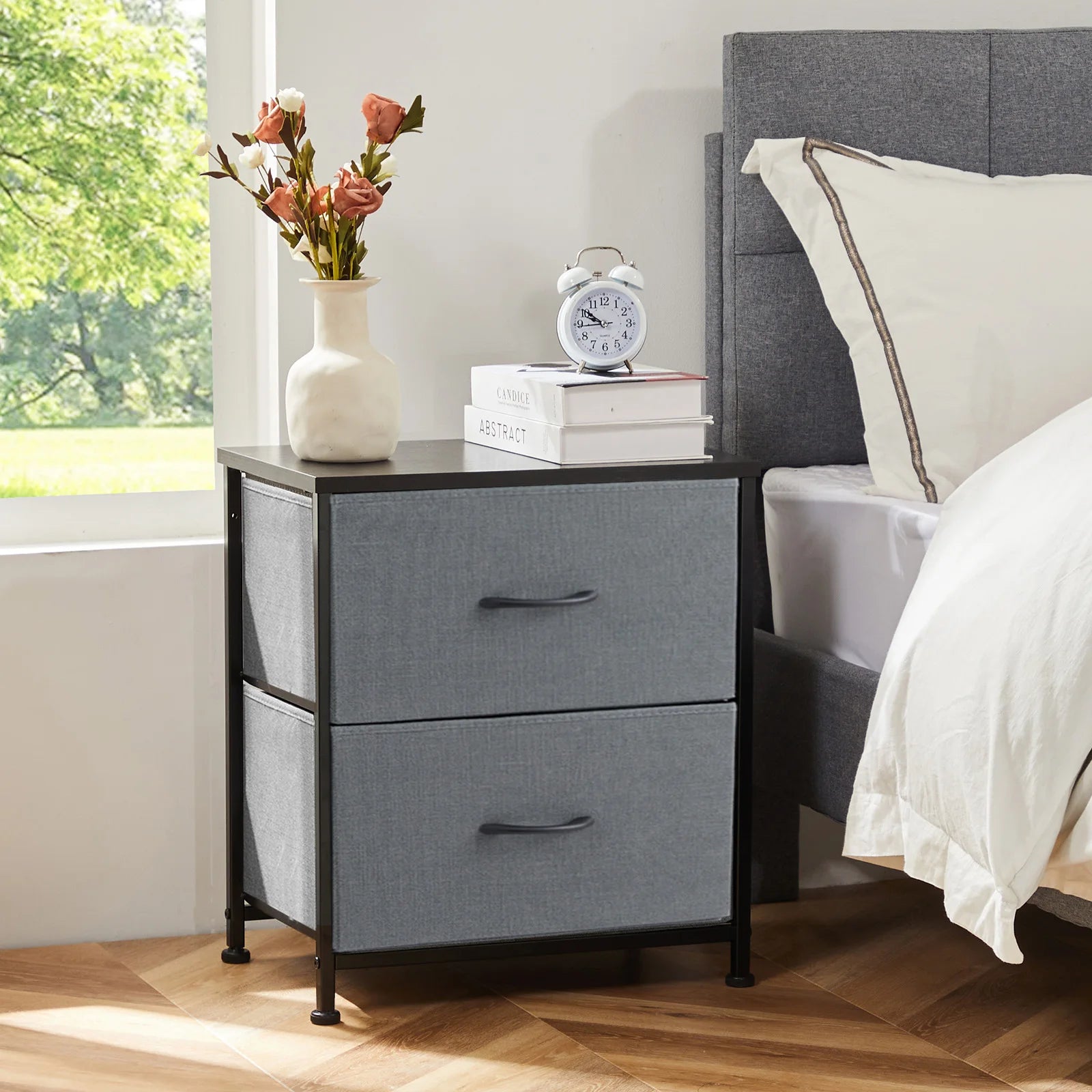 JHK Nightstand with 2 Fabric Drawer Storage Cabinet