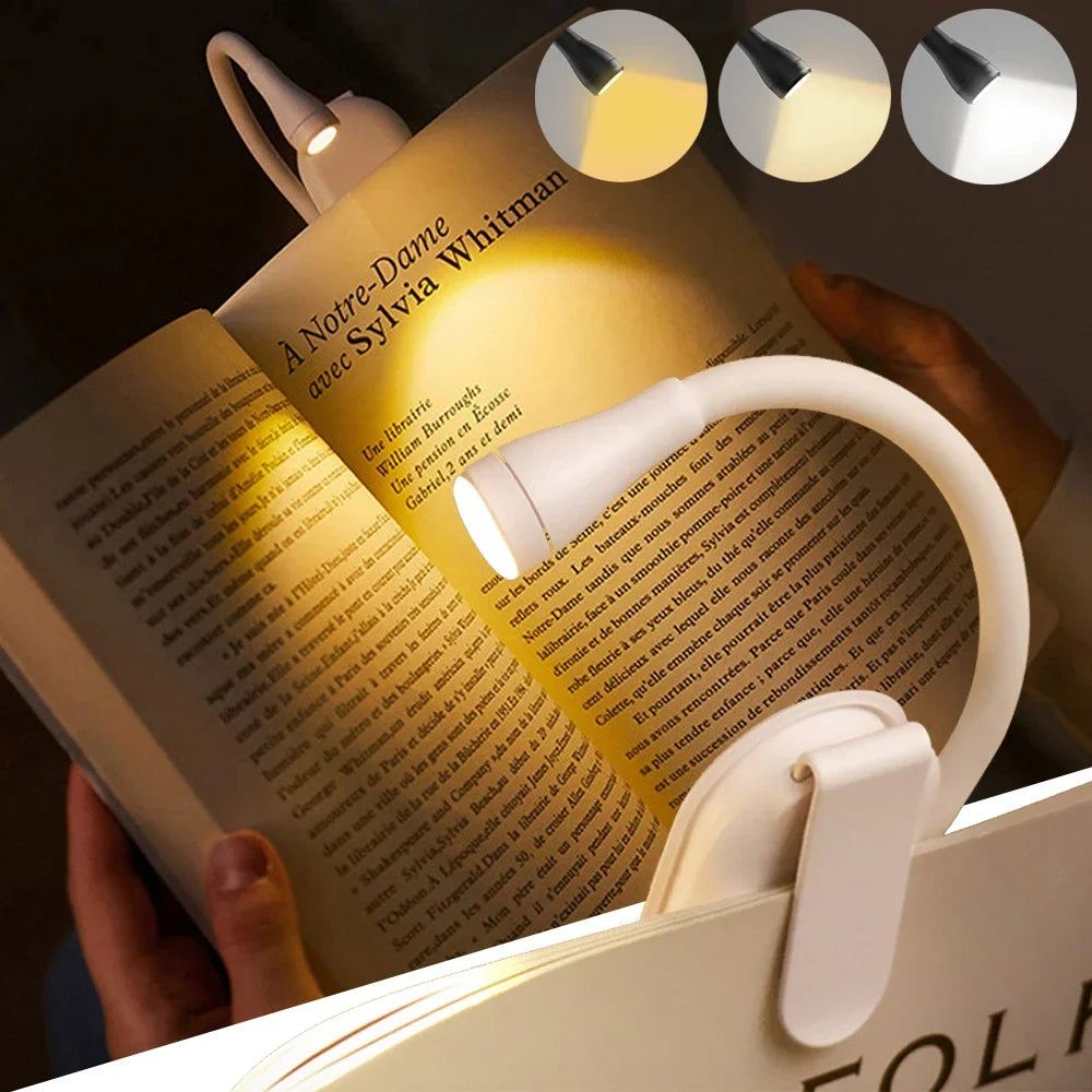 Mini LED Book Light – 3 Color, Rechargeable, Adjustable Clip