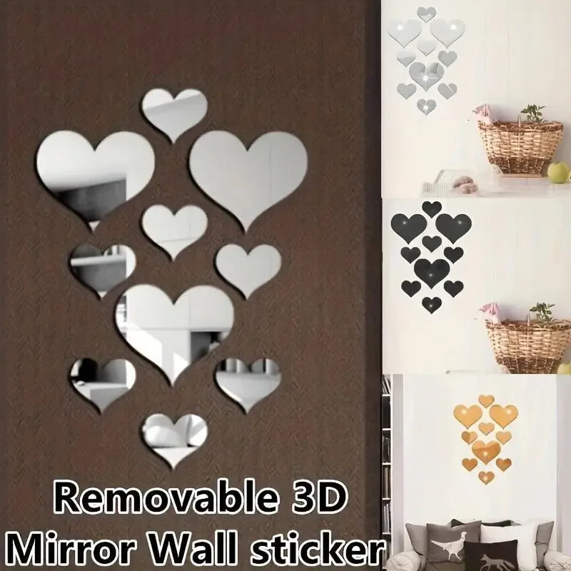 3D Love Heart Mirror Wall Stickers – Removable Wall Art Set