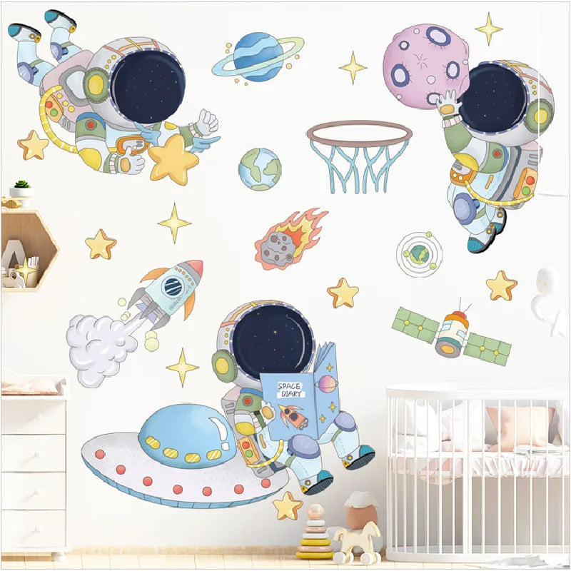 3D Astronaut Wall Sticker – Cartoon Planetary Mural for Kids Room