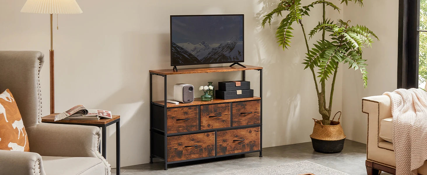 JHK Fireplace TV Stand with 5 Fabric Drawer Storage