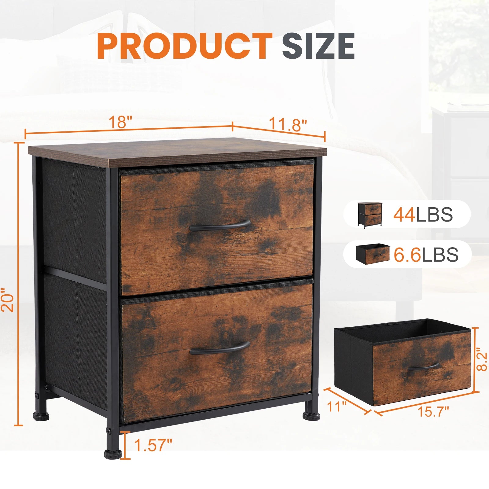 JHK Nightstand with 2 Fabric Drawer Storage Cabinet