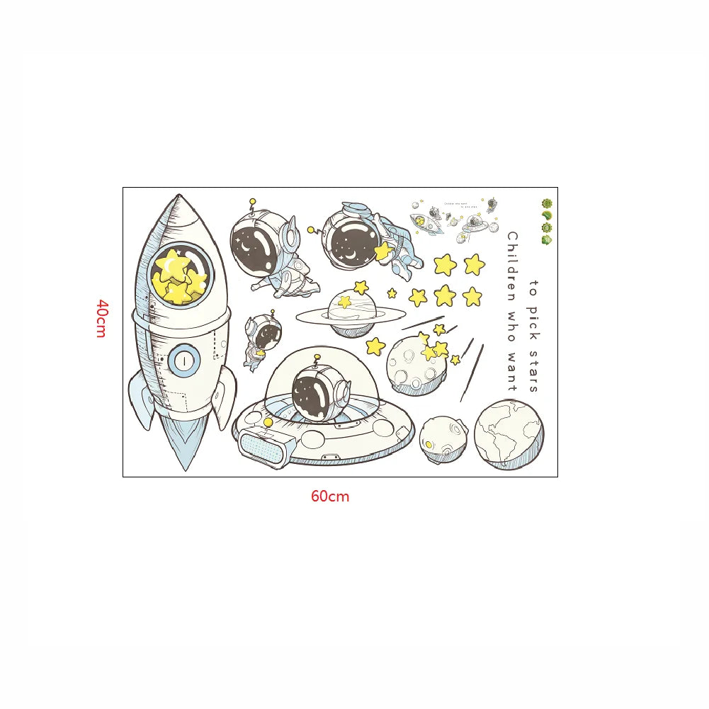 3D Astronaut Wall Sticker – Cartoon Planetary Mural for Kids Room