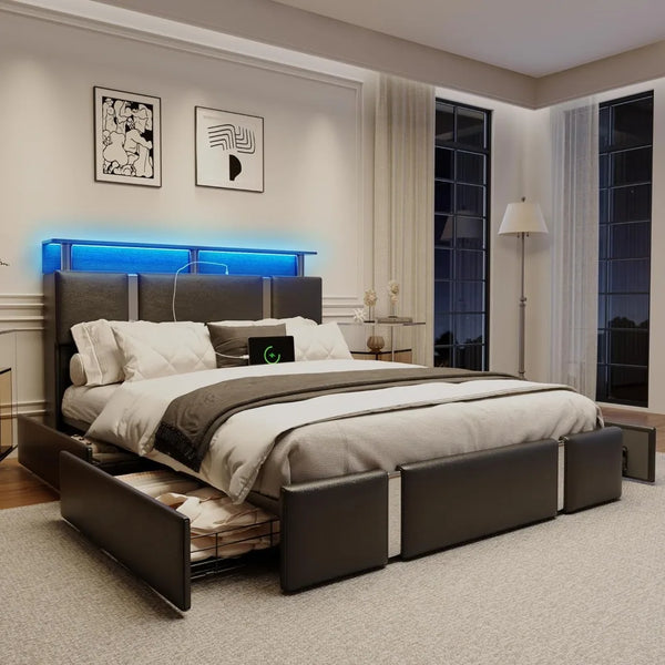 Full Platform Bed Frame with Storage, LED Headboard & Charging Ports