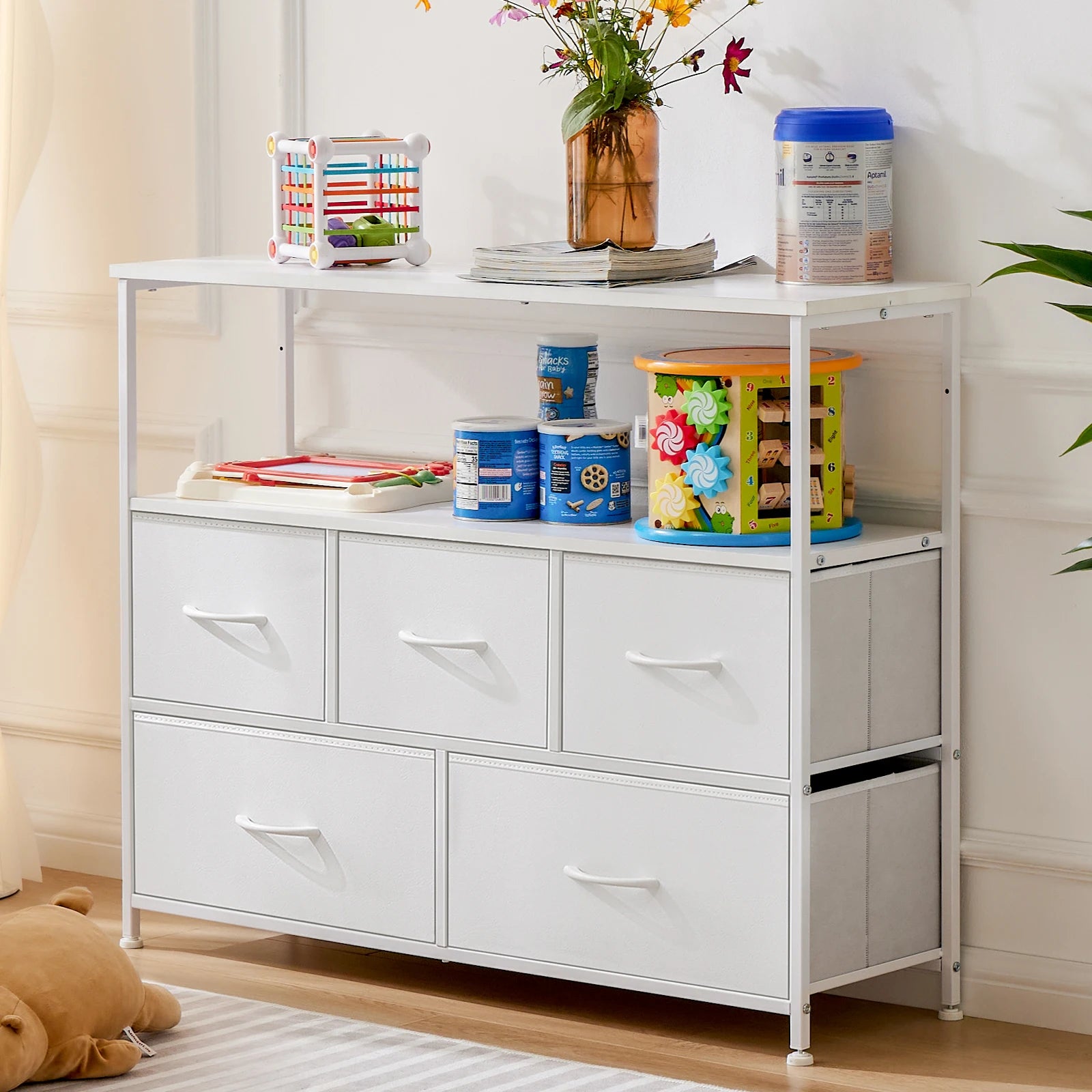 JHK Fireplace TV Stand with 5 Fabric Drawer Storage