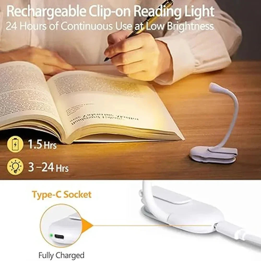 Mini LED Book Light – 3 Color, Rechargeable, Adjustable Clip