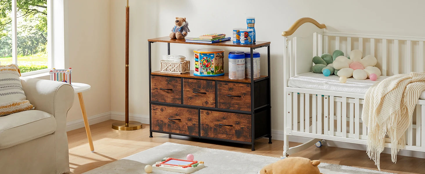 JHK Fireplace TV Stand with 5 Fabric Drawer Storage