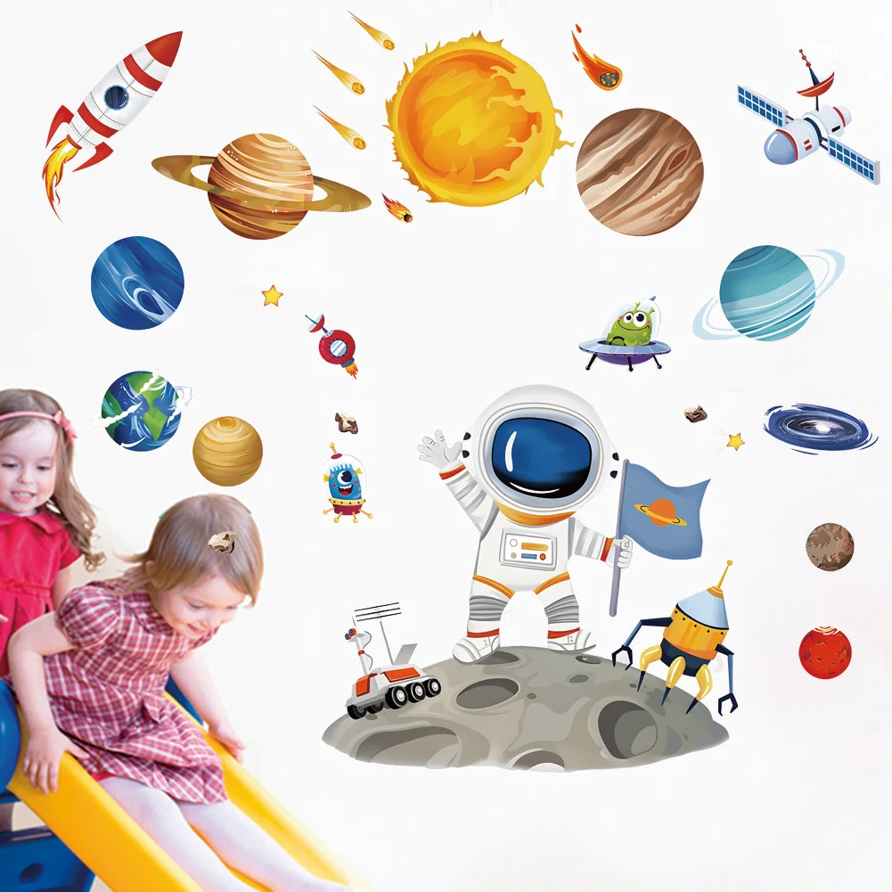 3D Astronaut Wall Sticker – Cartoon Planetary Mural for Kids Room