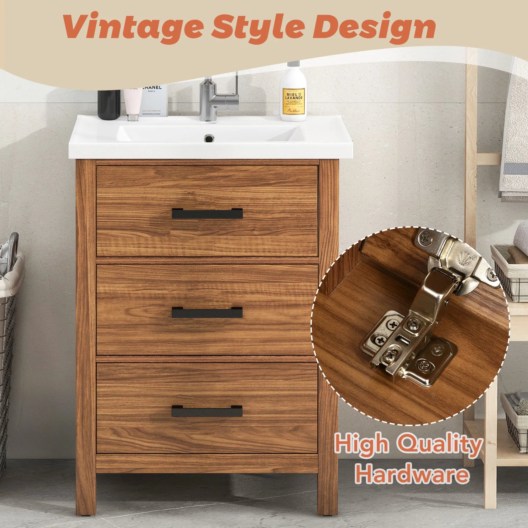 SH.KL 24" Bathroom Vanity with Sink & 3 Drawers