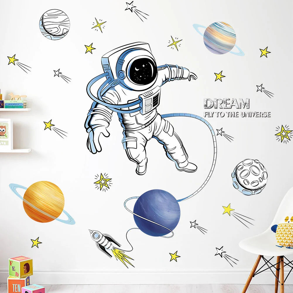 3D Astronaut Wall Sticker – Cartoon Planetary Mural for Kids Room
