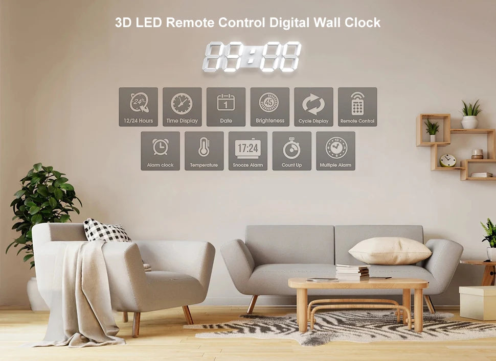 3D LED Digital Wall Clock with Remote & Alarm
