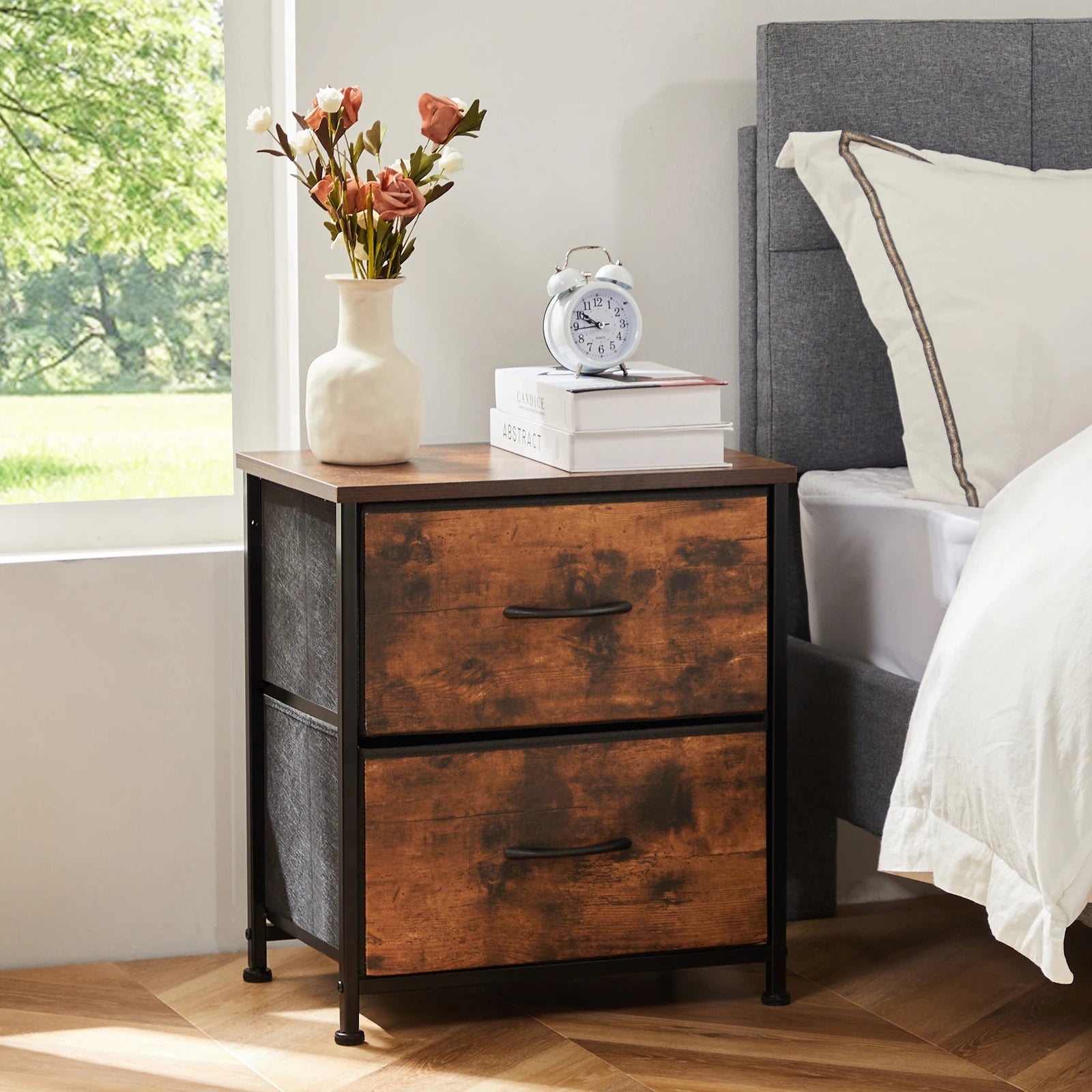 JHK Nightstand with 2 Fabric Drawer Storage Cabinet