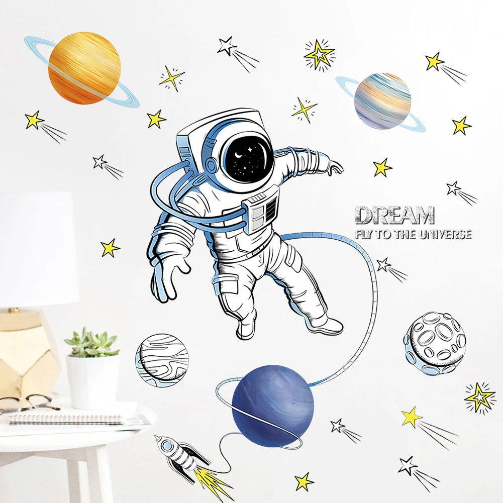 3D Astronaut Wall Sticker – Cartoon Planetary Mural for Kids Room