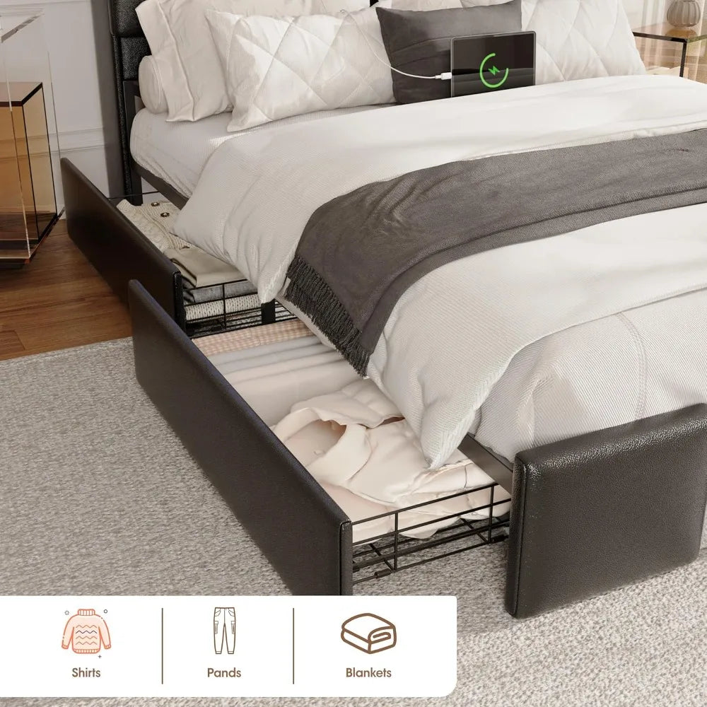 Full Platform Bed Frame with Storage, LED Headboard & Charging Ports