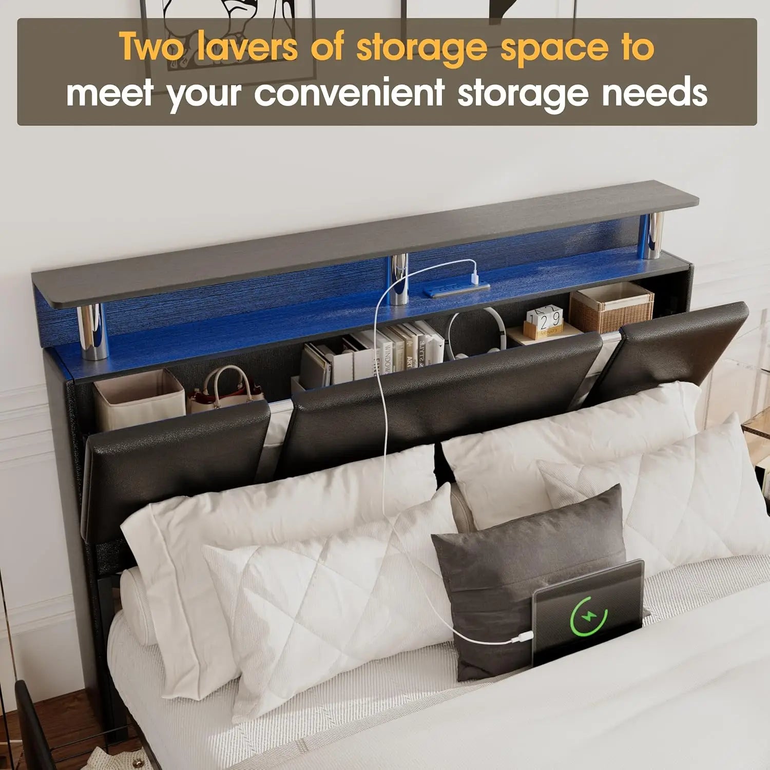Full Platform Bed Frame with Storage, LED Headboard & Charging Ports
