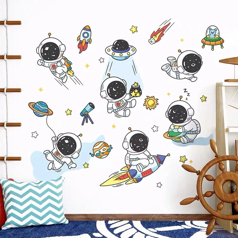 3D Astronaut Wall Sticker – Cartoon Planetary Mural for Kids Room